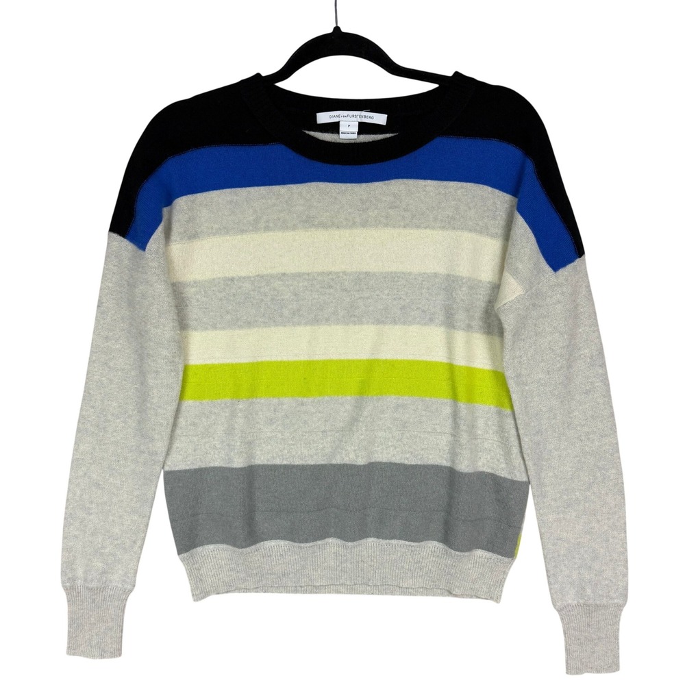 Diane von Furstenberg DVF 100% Cashmere Striped Crewneck Sweater Multi Color P